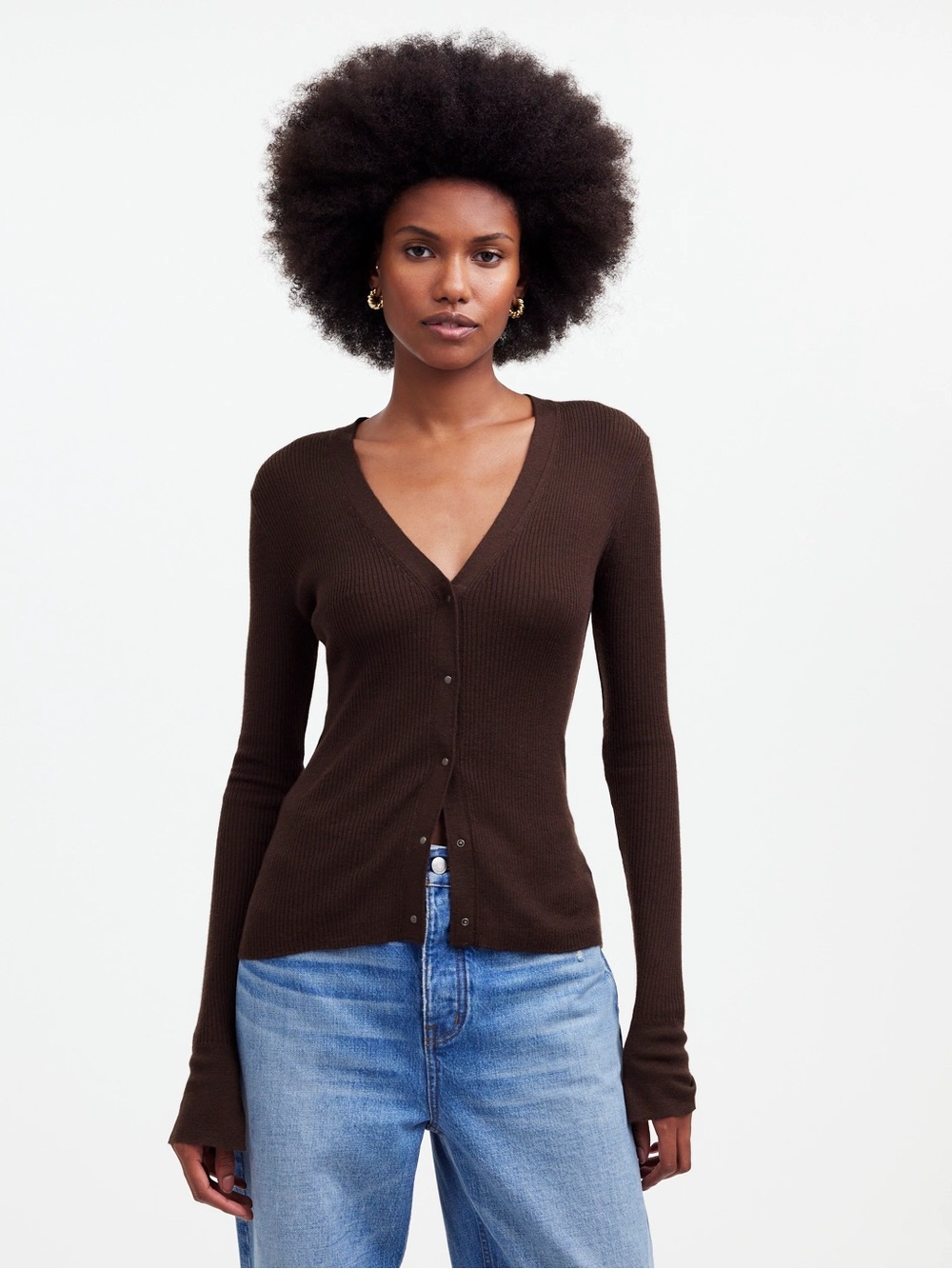 Madewell Brown Ribbed V-Neck Button-Front Top